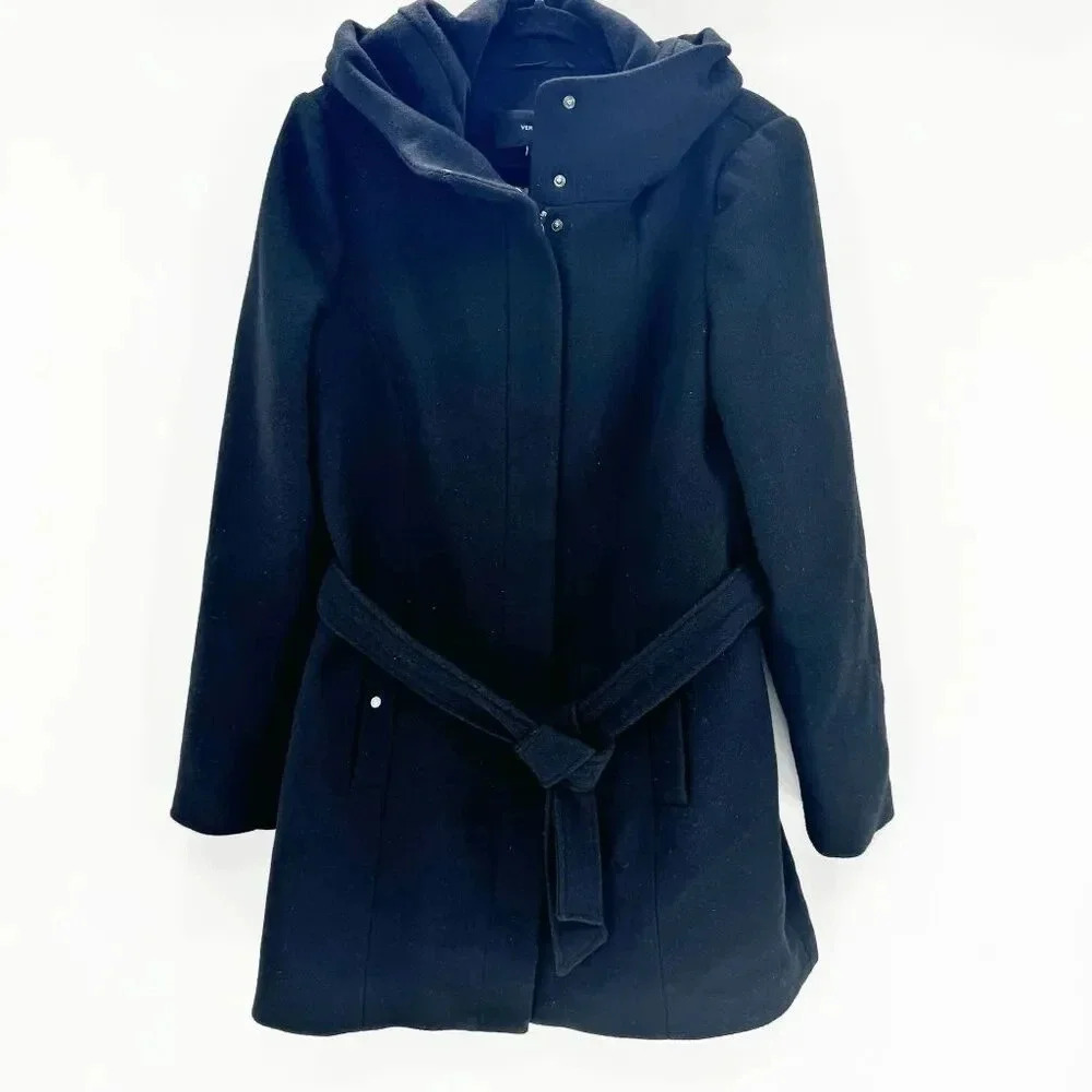 Vera Moda Rain Jacket Womens Size M Black Wool Belted Knee Length Hooded Outdoor